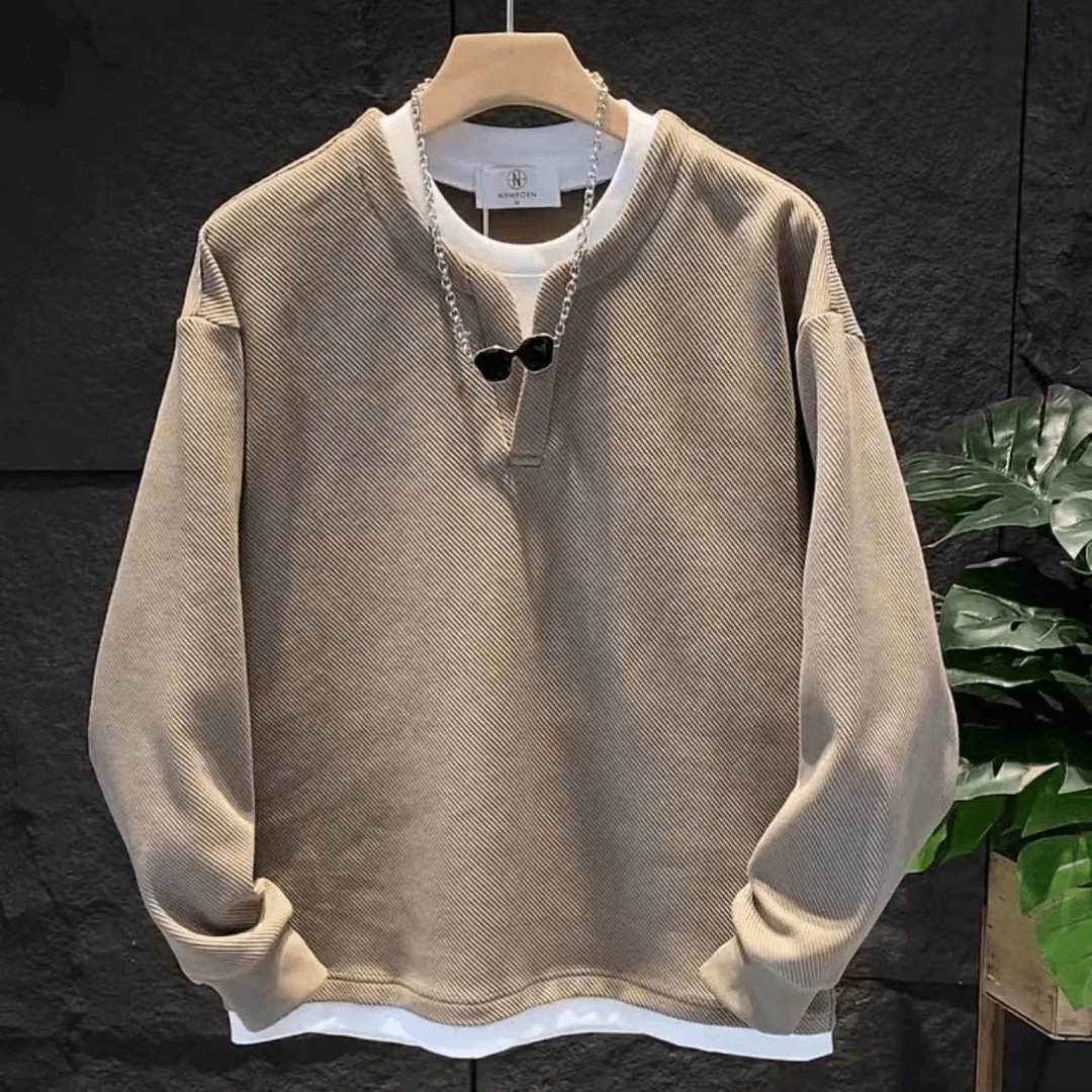 W622潮牌高级感假两件拼接卫衣男宽松V领感纯色百搭加绒加厚打底