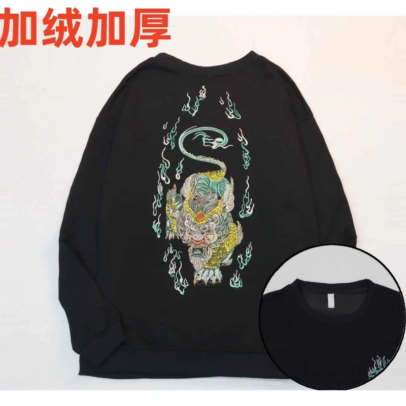 500克重W228中国风貔貅刺绣加绒卫衣男冬季新款宽松情侣休闲上衣