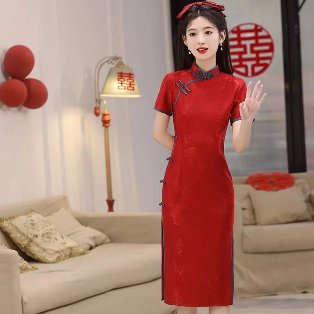红色送考旗袍中国风旗袍夏季新款显瘦年轻款少女透气日常长款