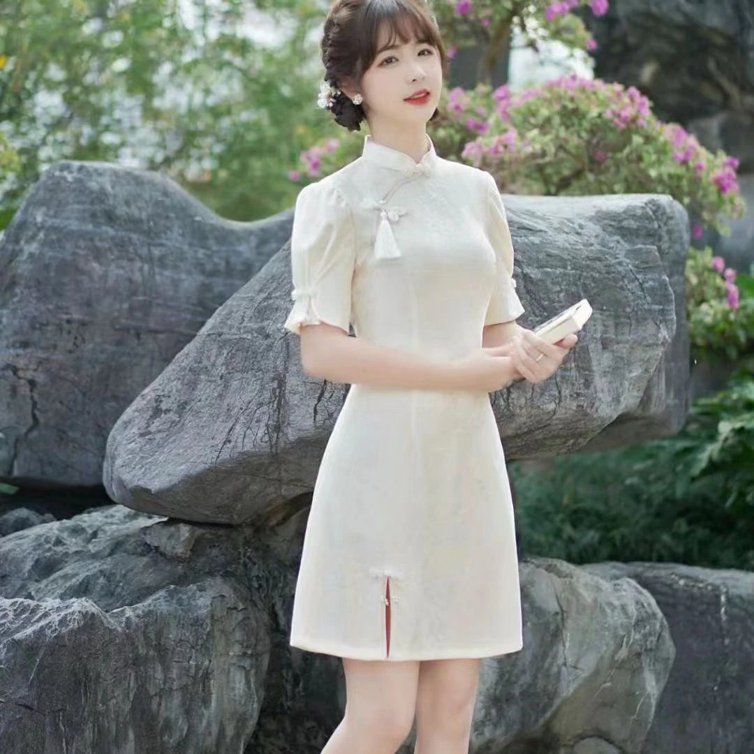 【小家碧玉】杏色绿色春款气质短款日常中国风小个子旗袍