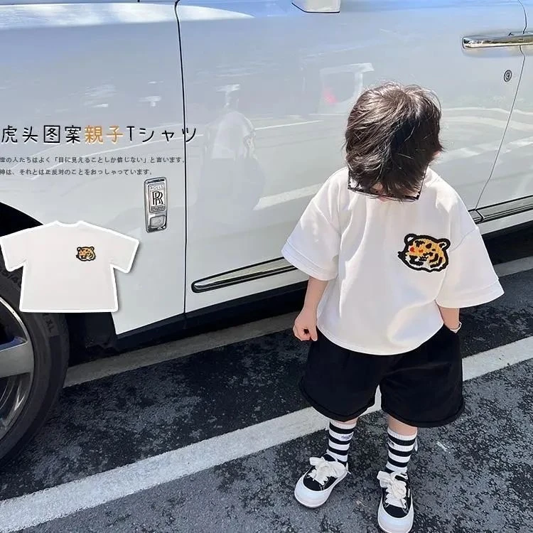 2024年老虎头印花儿童炸街男童老虎头印花棉打底T恤女童宽松上衣