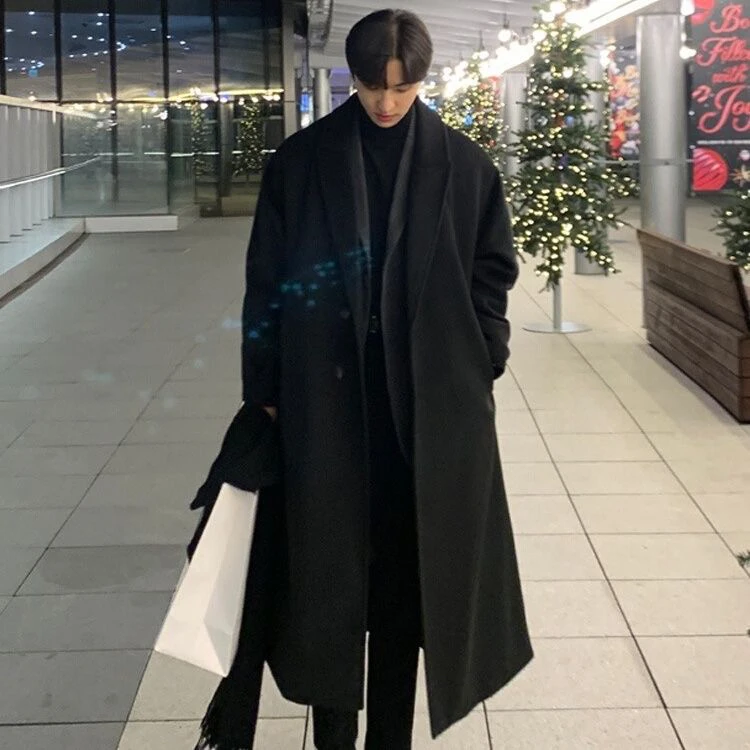 大码宽松英韩风单排毛呢男士大衣长款过膝韩版冬季加厚羊绒外套男