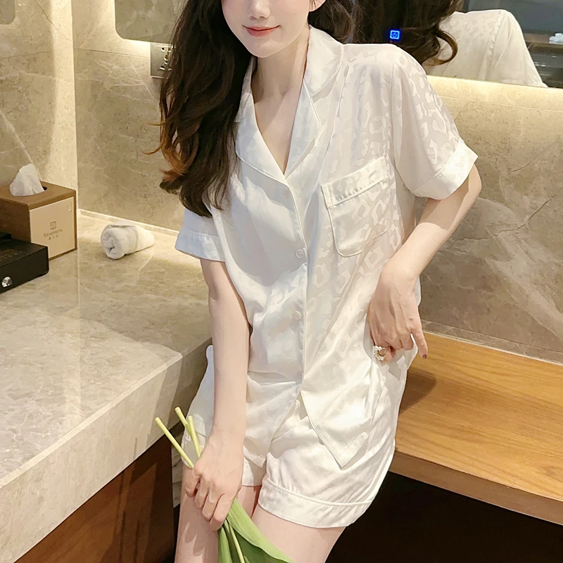 2025新款ins网红风短袖睡衣女夏天薄款冰丝豹纹印花两件套家居服