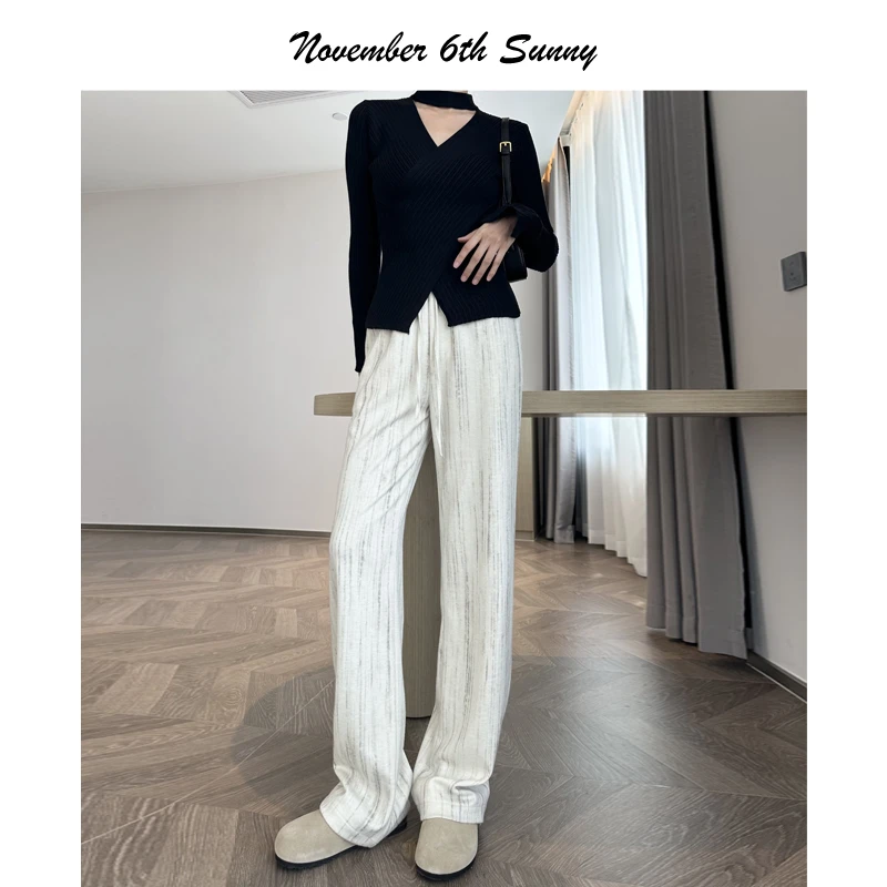 春季直筒针织高腰显瘦百搭扎染女垂感宽松休闲休闲裤女外穿时尚