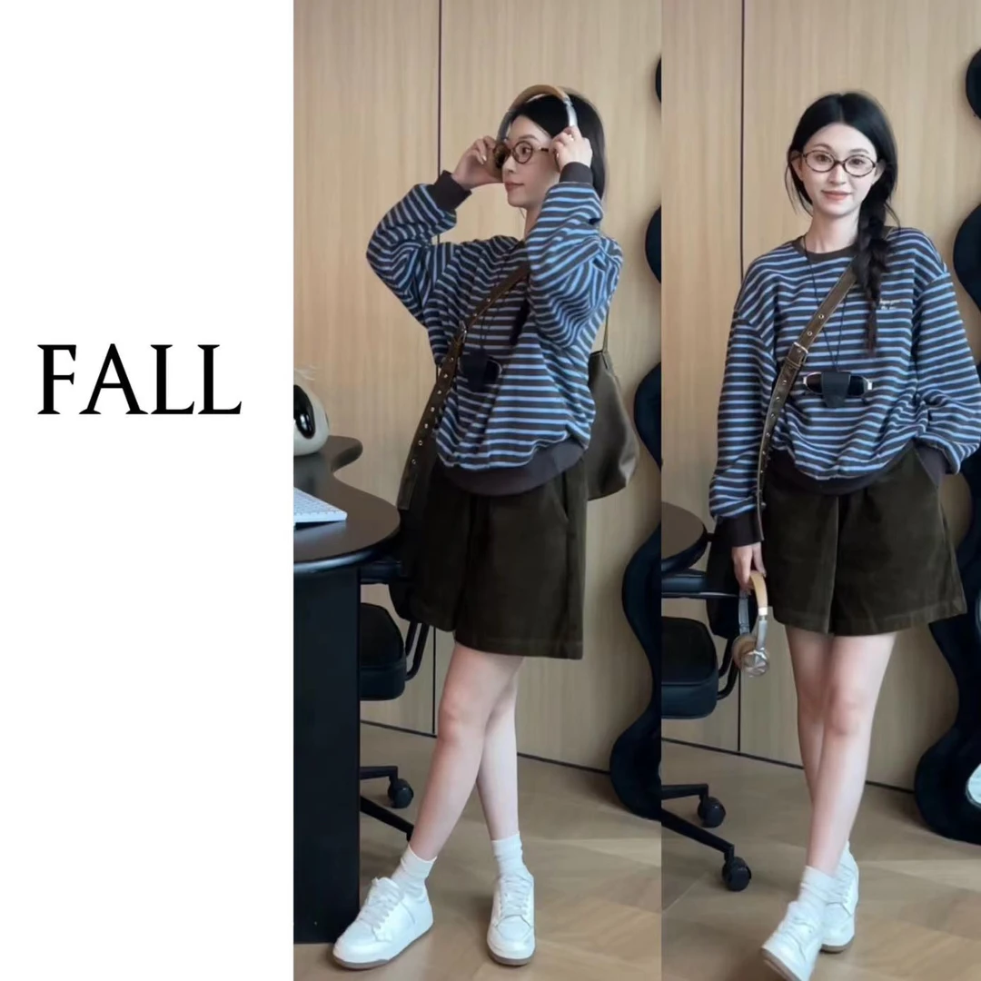 秋冬圆领套头条纹卫衣-5719