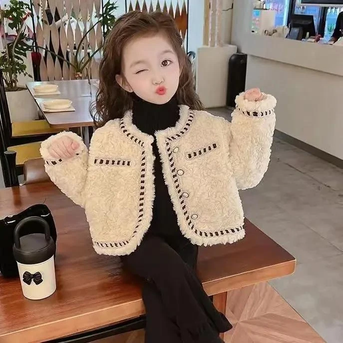 巴拉甄选2023新款韩版时尚大童女童外套秋冬款儿童秋装小香风毛毛