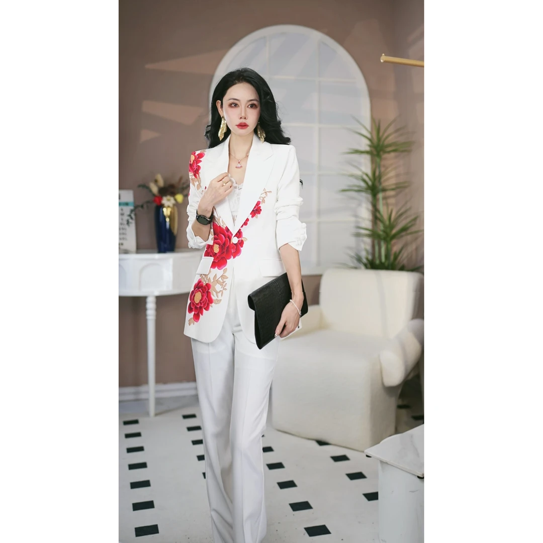 【高智淡人】2025设计师款式显瘦气质长袖印花秋季休闲白色套装2403