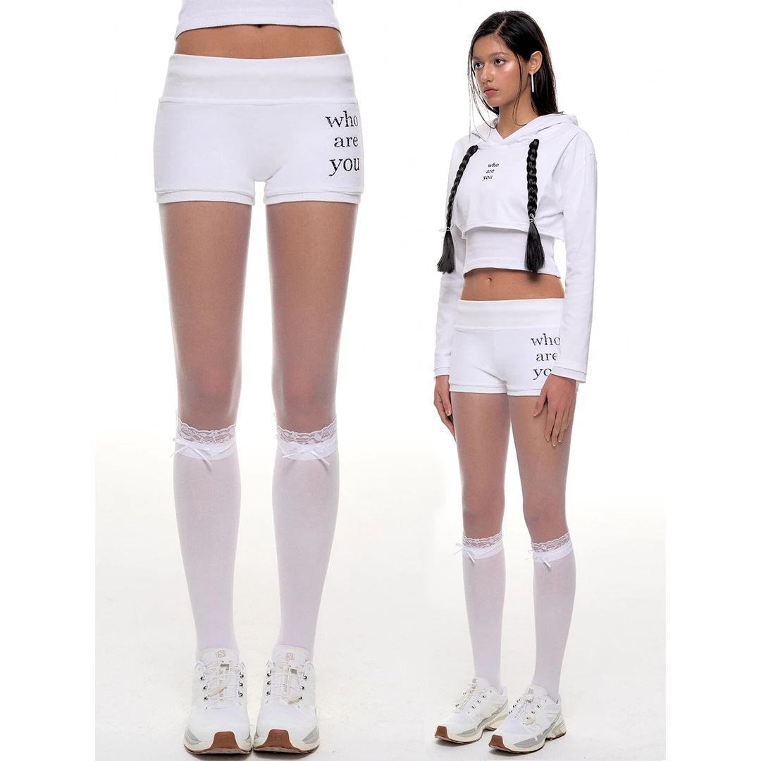 NECY who are you 系列白色螺纹做旧印花毛巾布修身短裤