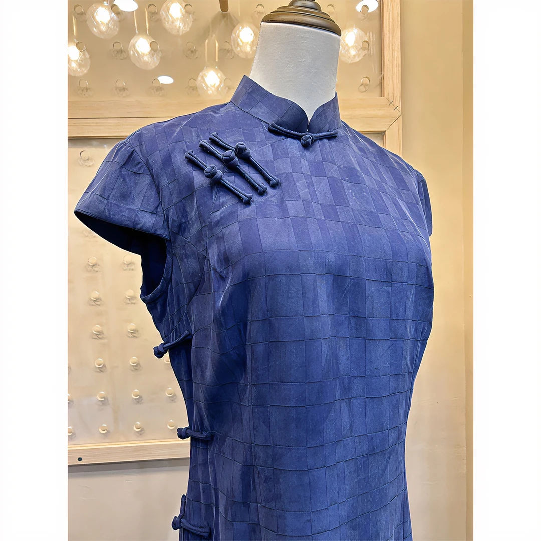 清新优雅蓝色铜氨丝旗袍 新中式夏季复古