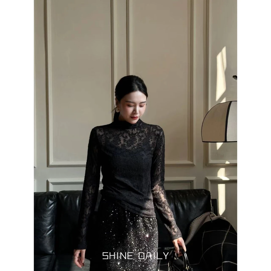 【叠搭氛围感】透视感半高领精致钩花蕾丝上衣蕾丝打底气质长袖