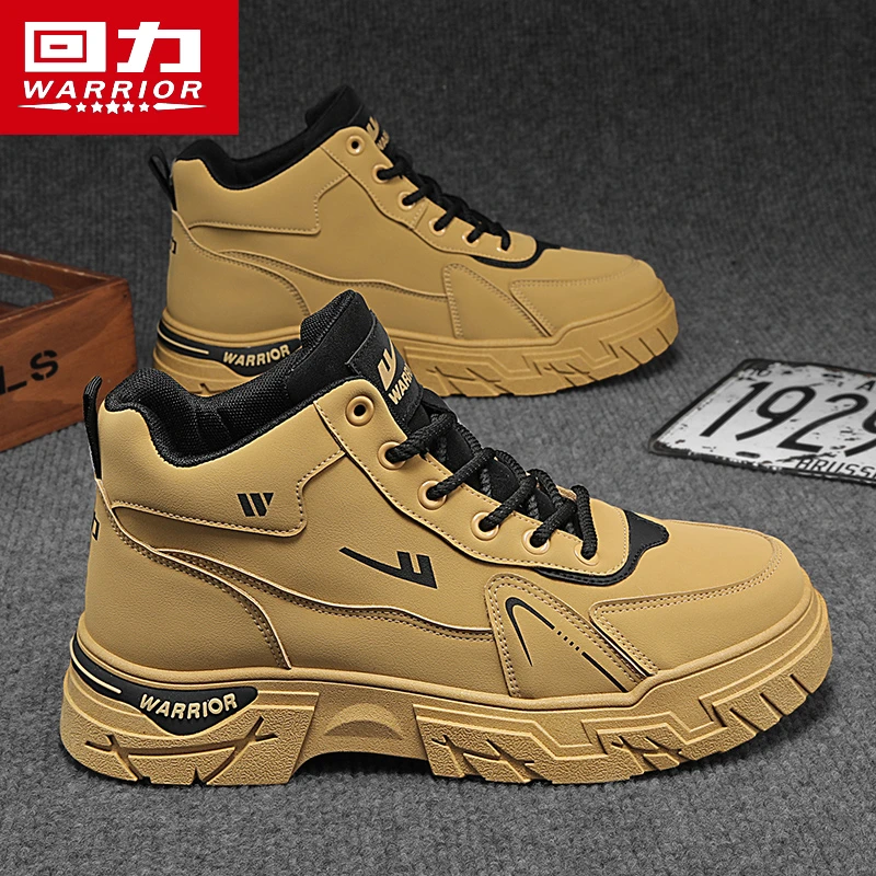 回力男鞋冬季高帮户外登山厚底雅丹风马丁靴男防滑耐磨工装大黄靴