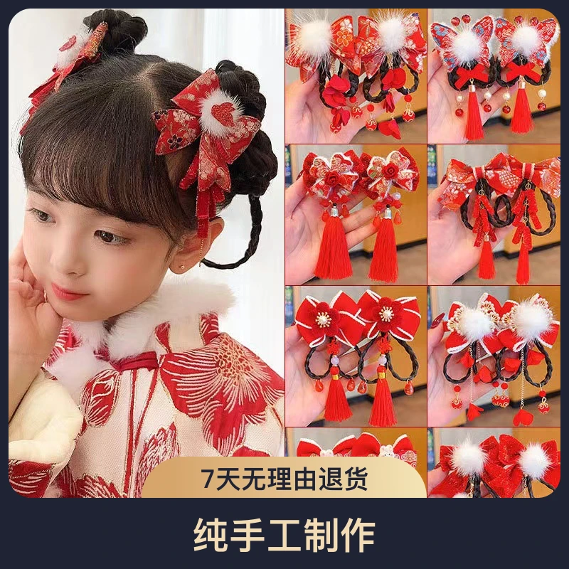 儿童新年发饰可爱宝宝过年红色蝴蝶结发饰中国风发夹女孩汉服头饰
