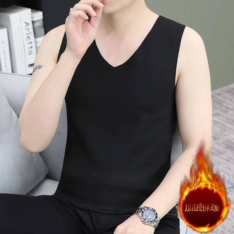 男士双面德绒保暖背心无痕打底衫上衣秋冬季发热加绒秋衣薄款内穿