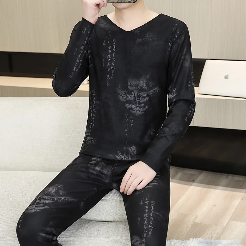 冬季德绒保暖内衣男士套装无痕秋衣秋裤加绒加厚修身潮流国风印花