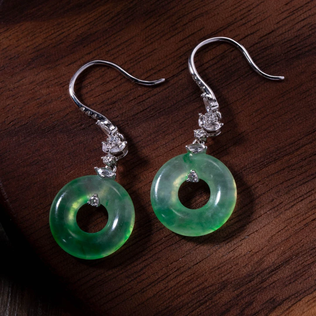 冰飘绿翡翠甜甜圈耳坠 天然翡翠A货 18K金钻石  0155054