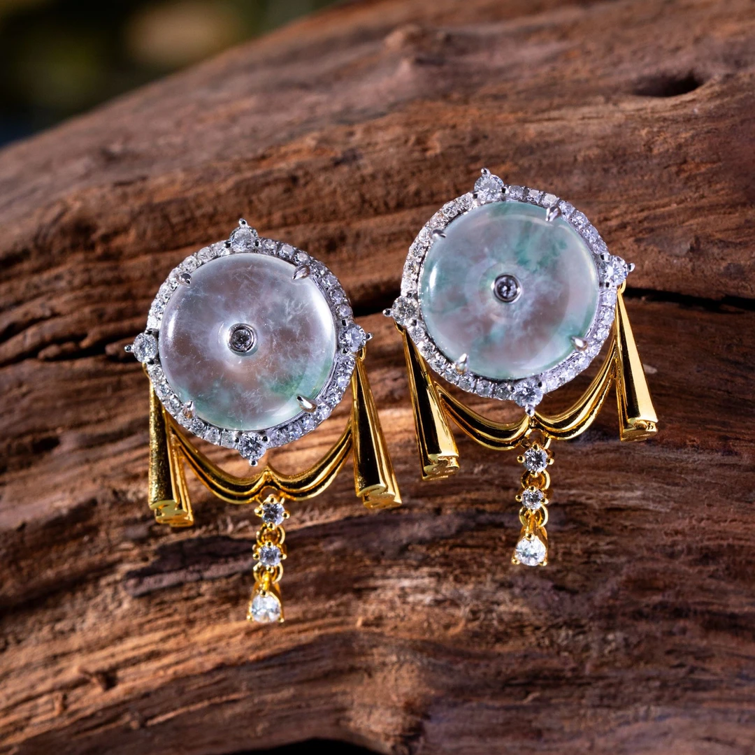 玻璃种翡翠平安扣耳钉 天然翡翠A货 18K金钻石 复古手工  0156011