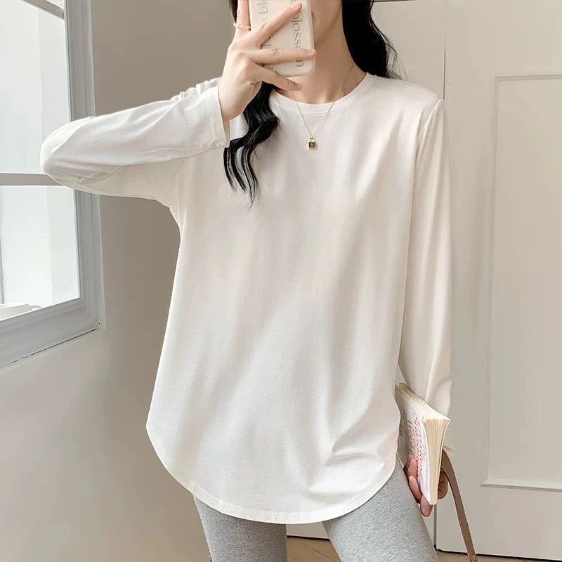 纯棉长款打底衫女装春秋新款韩版长袖T恤中长款圆领上衣外穿秋衣