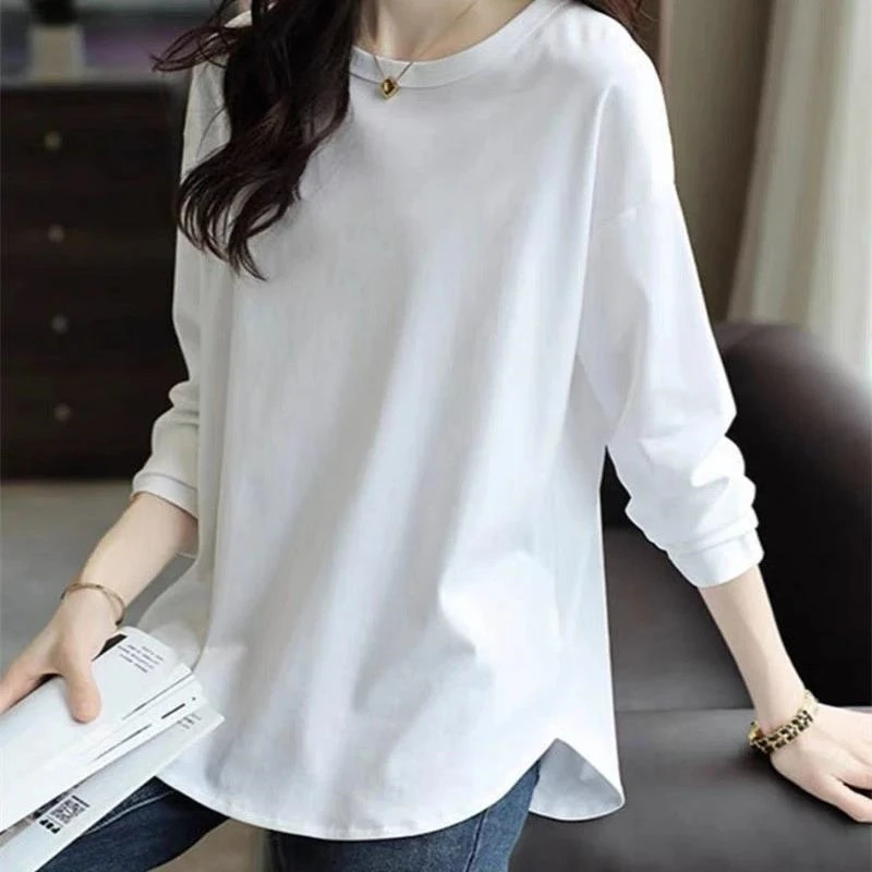 100%纯棉长款T恤女遮臀搭配鲨鱼裤打底衫春秋季中长款白色t恤上衣