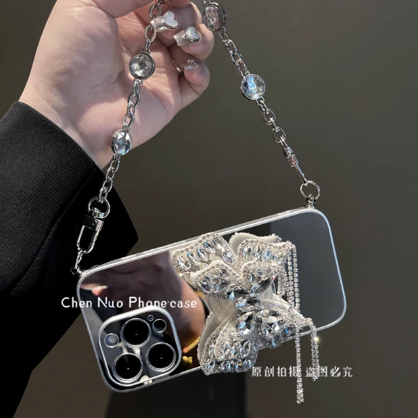 适用苹果华为荣耀oppo/vivo小米手机壳镜面闪钻蝴蝶支架斜挎创意