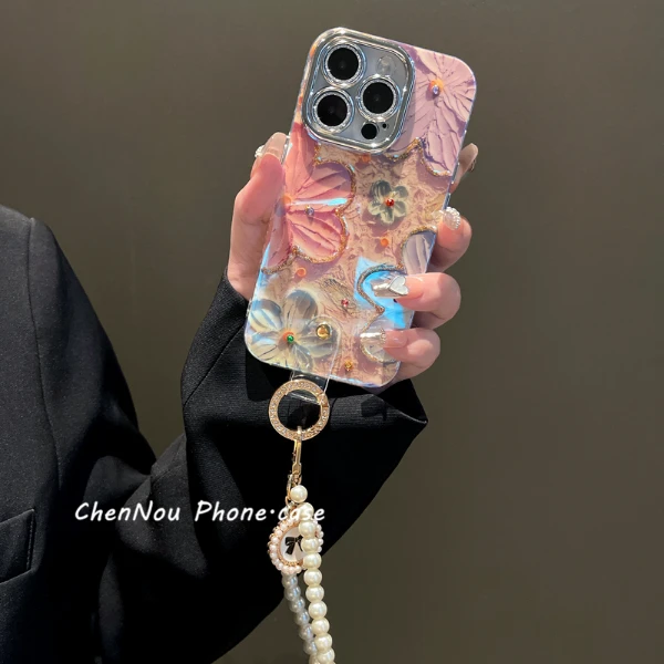 苹果华为手机壳iphone15油彩花朵14镜头膜13pro手链12斜挎mate60