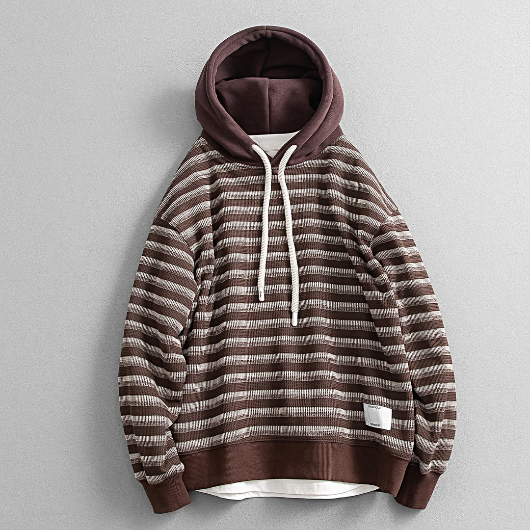 ST Shen冬季日系复古文艺风撞色条纹拼接 阔版加绒连帽卫衣男女潮