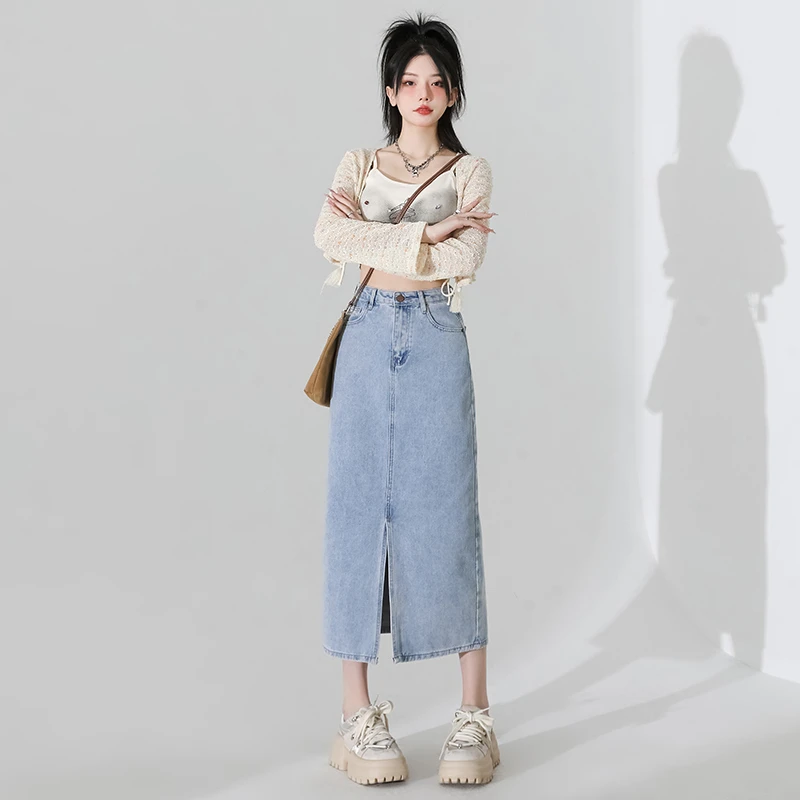 2024春季新款 高腰开叉牛仔半身裙百搭款显瘦半身裙女装半身裙