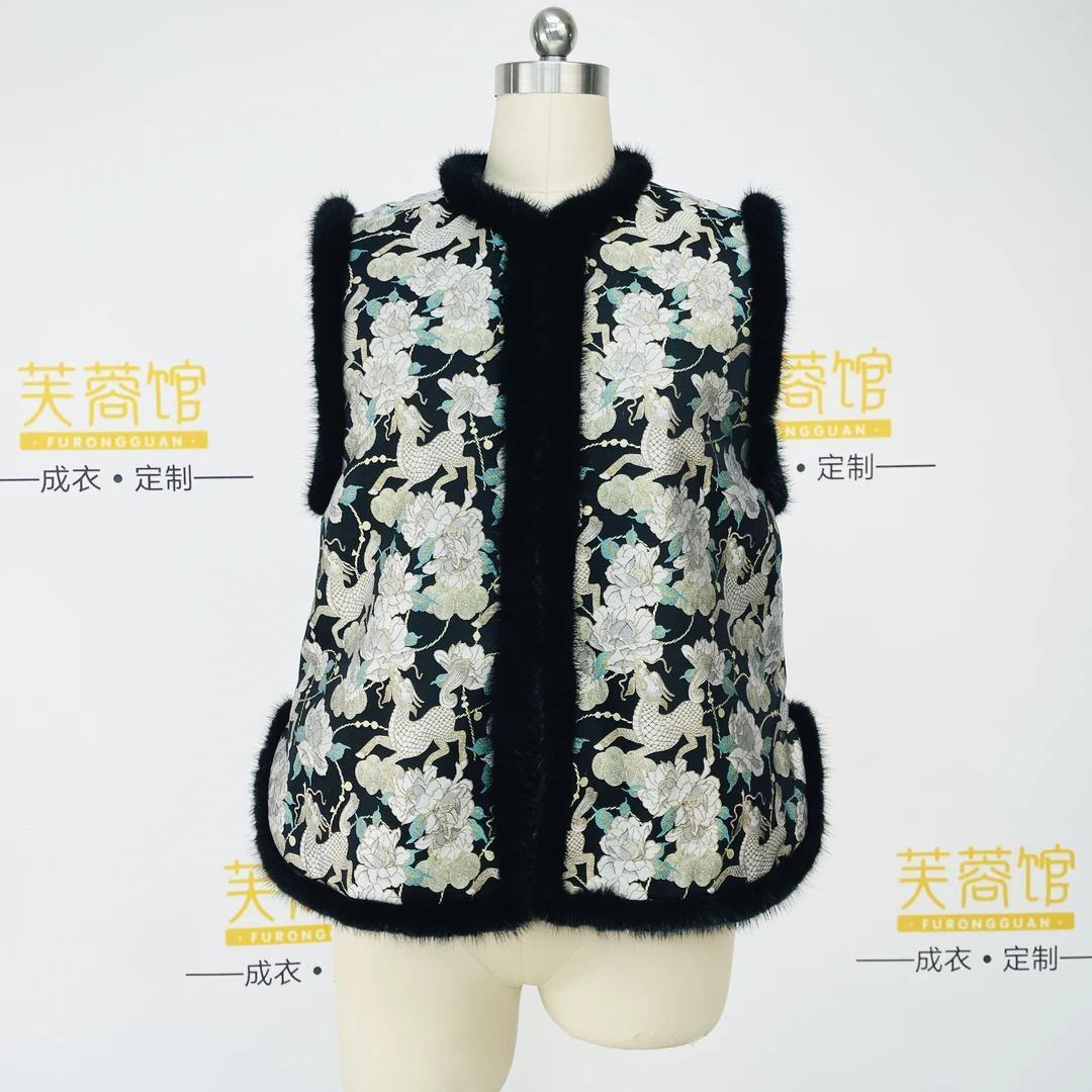 芙蓉馆宋锦水貂毛蚕丝棉马甲