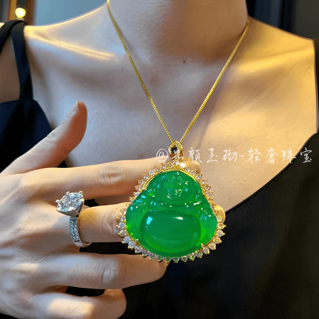 天然A货帝绿弥勒佛吊坠高档玉佩冰种翠色玉石项链女款送礼推荐