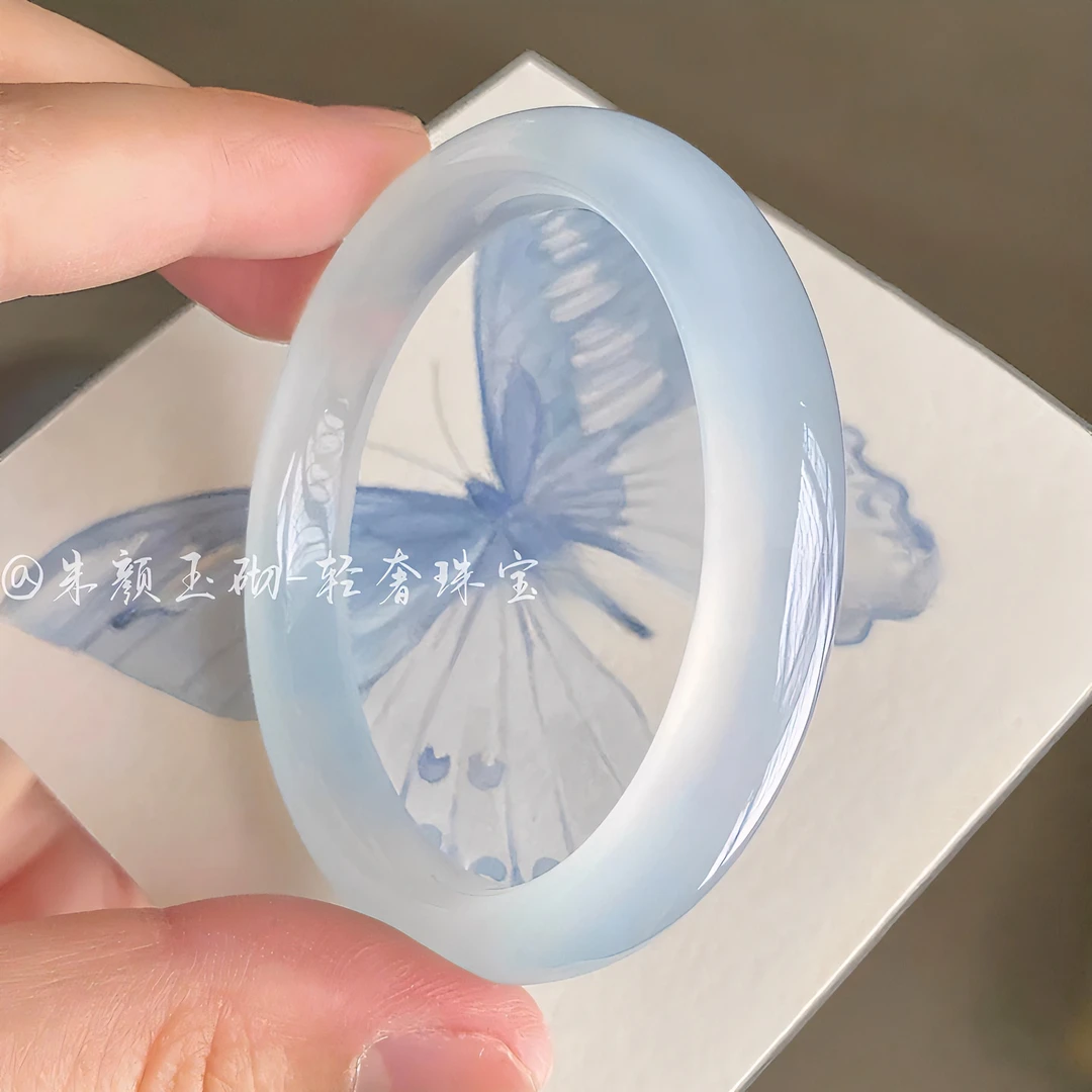 奶蓝色玛瑙玉手镯女款正品保真海蓝宝色玉镯送闺蜜手镯多样性发一