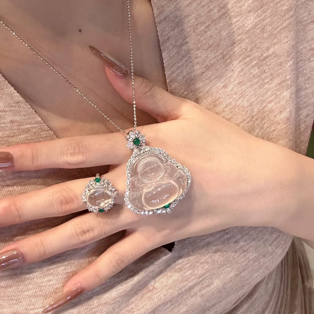 上等天然玛瑙豪华镶嵌佛公吊坠女款百搭时尚大肚佛锁骨项链送老婆