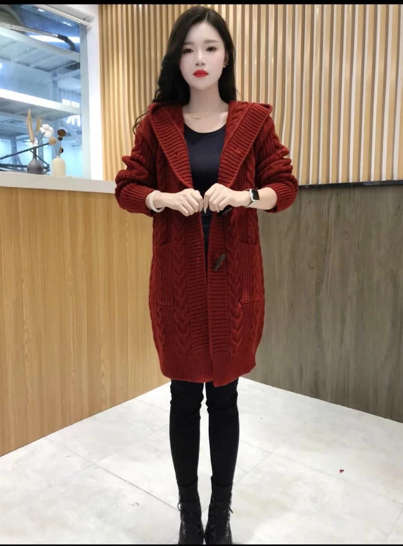 2024秋冬新款加厚毛衣洋气针织外搭女开衫中长款连帽胖mm大码外套