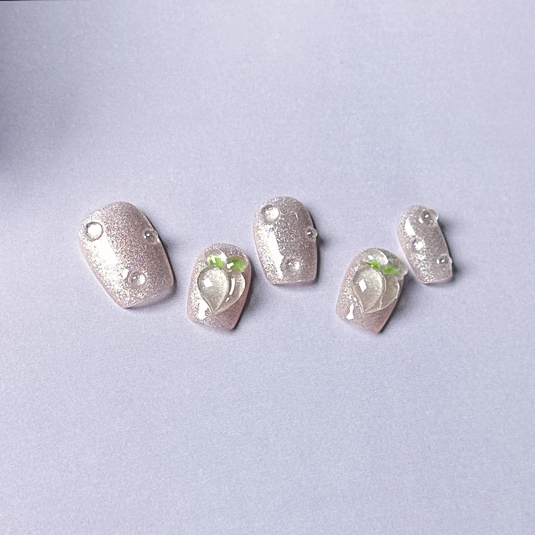 【冰透蜜桃】纯手作穿戴甲纯欲腮红少女粉短款显白可拆卸美甲贴片