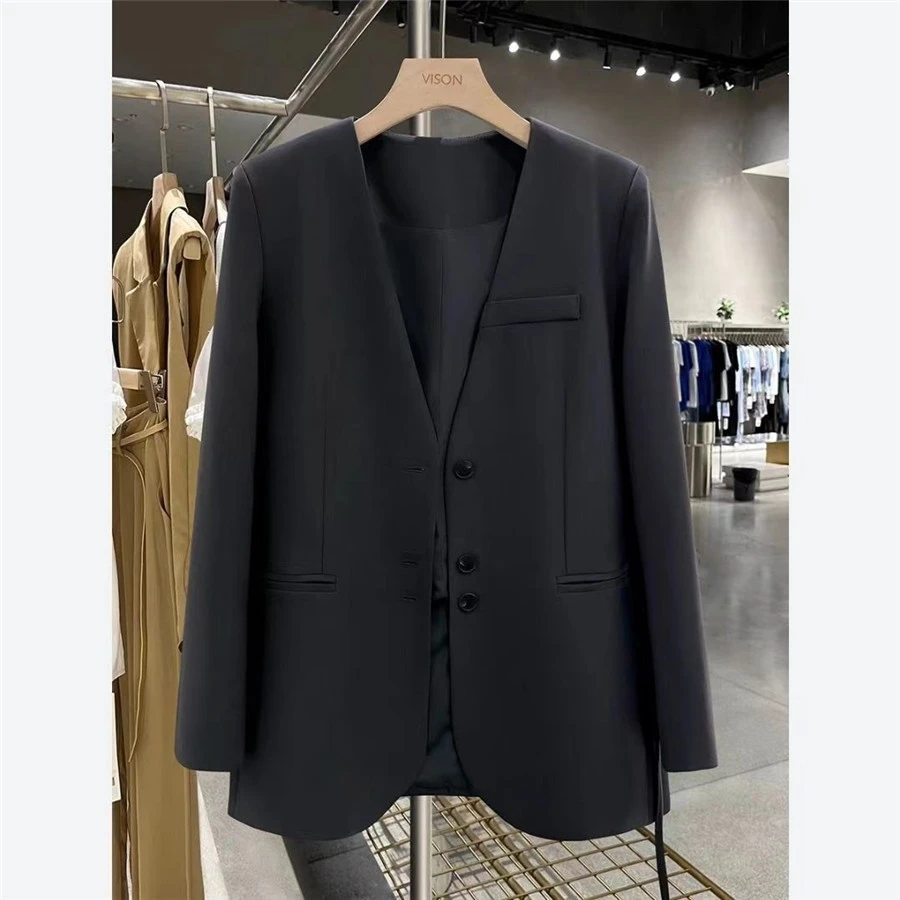 轻熟风V领黑色小西装外套女春秋季2024新款韩版小众宽松显瘦西服