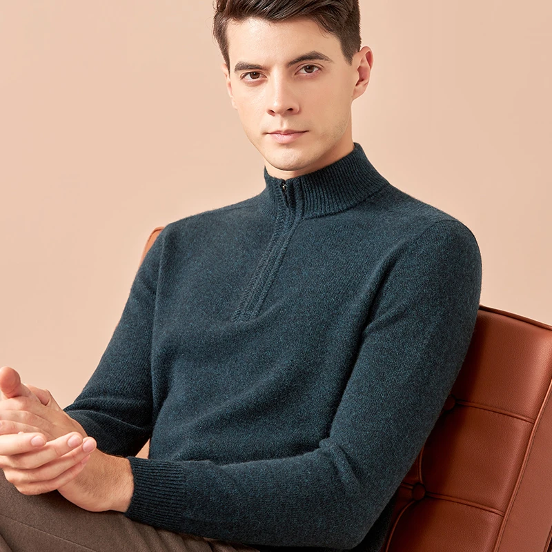 加厚男羊绒衫正品100%纯羊绒直播半高拉链领冬季山羊绒毛衣针织衫