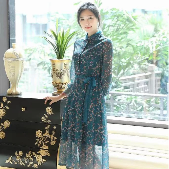 春秋修身碎花显瘦高品质气质长款秋冬连衣裙裙子