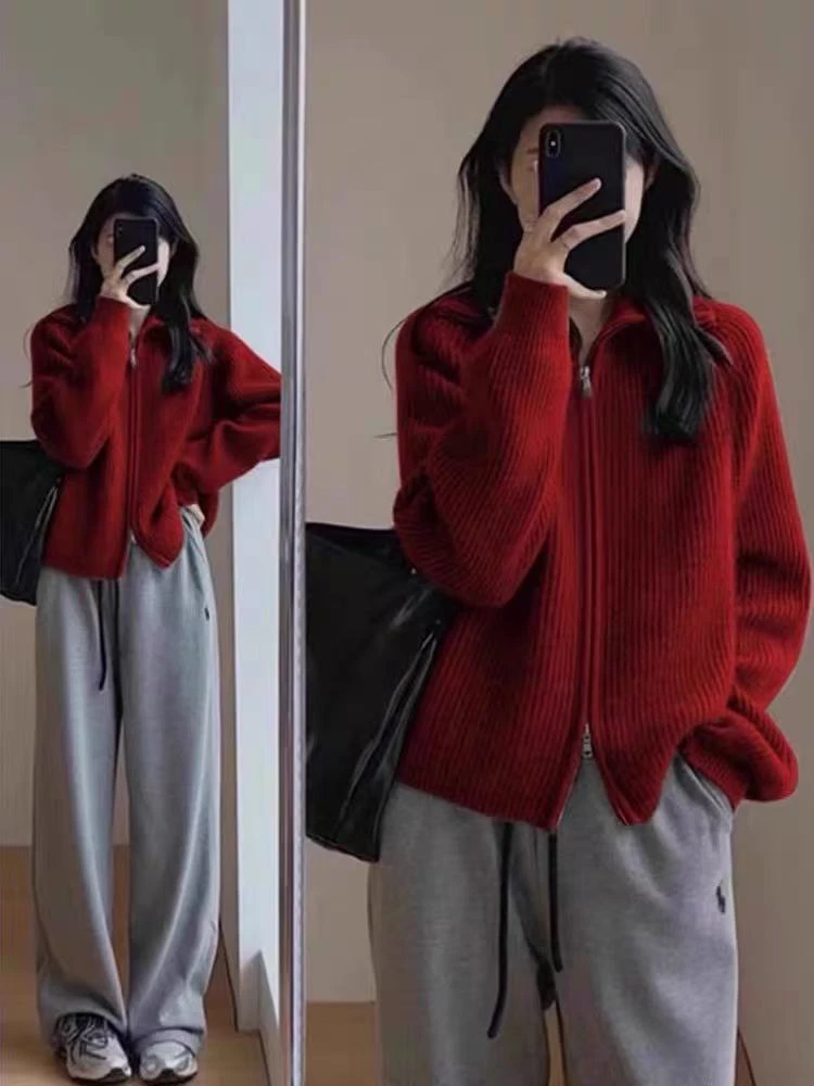 P018冬季穿搭韩系灰色可翻可立设计慵懒针织毛衣外套女