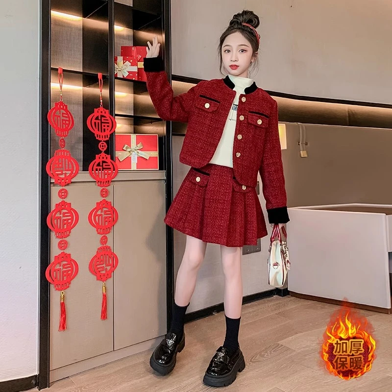 女童小香风套装冬款中大童红色连衣裙2024新年衣服冬装过年服裙子