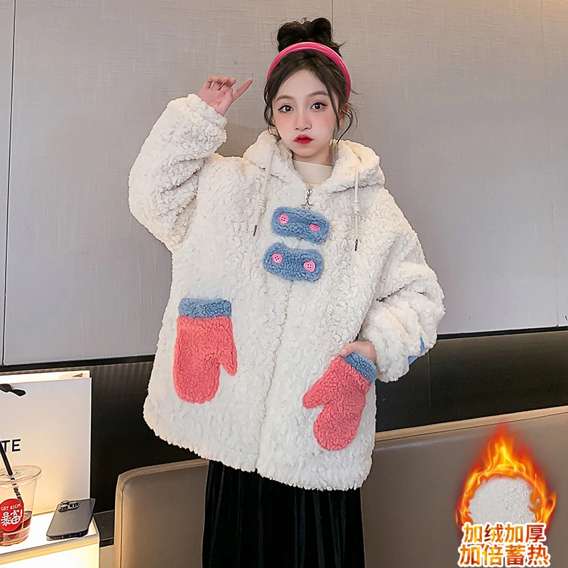 女童外套秋冬款棉服2023新款童装加厚洋派羊羔绒毛毛衣中大童上衣