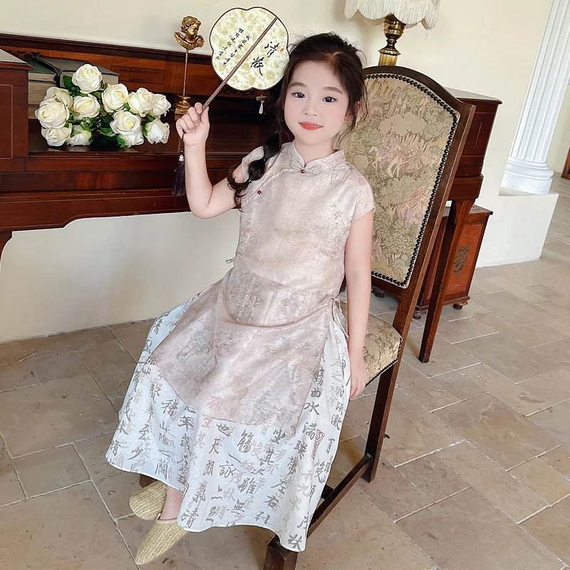 女童兰亭千字文假两件旗袍裙2024夏季新款女中大童洋气中式复古裙