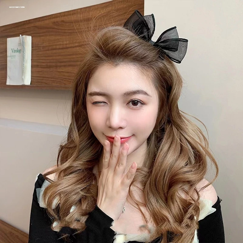 网纱侧边发夹甜美蝴蝶结女孩头饰新款鸭嘴夹顶夹发卡时尚黑色装饰