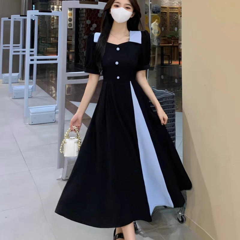 【现货】连衣裙夏季新款方领撞色拼接法式赫本风气质时尚显瘦裙子