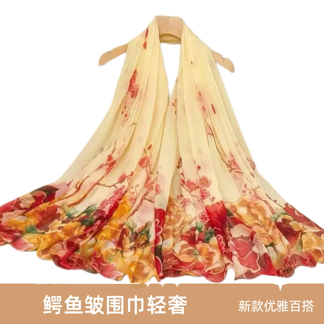 【如意牡丹】鳄鱼皱高端优雅轻奢围巾丝巾 新款百搭保暖围巾丝巾