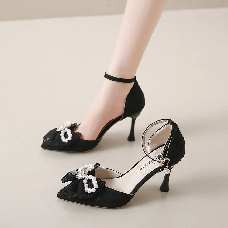 仙女风一字扣高跟鞋女夏配裙凉鞋外穿中跟水钻蝴蝶结包头软皮单鞋