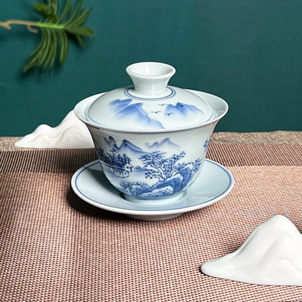 手绘青花盖碗茶杯手工陶瓷复古功夫茶具青花瓷三才盖碗大号茶盖碗