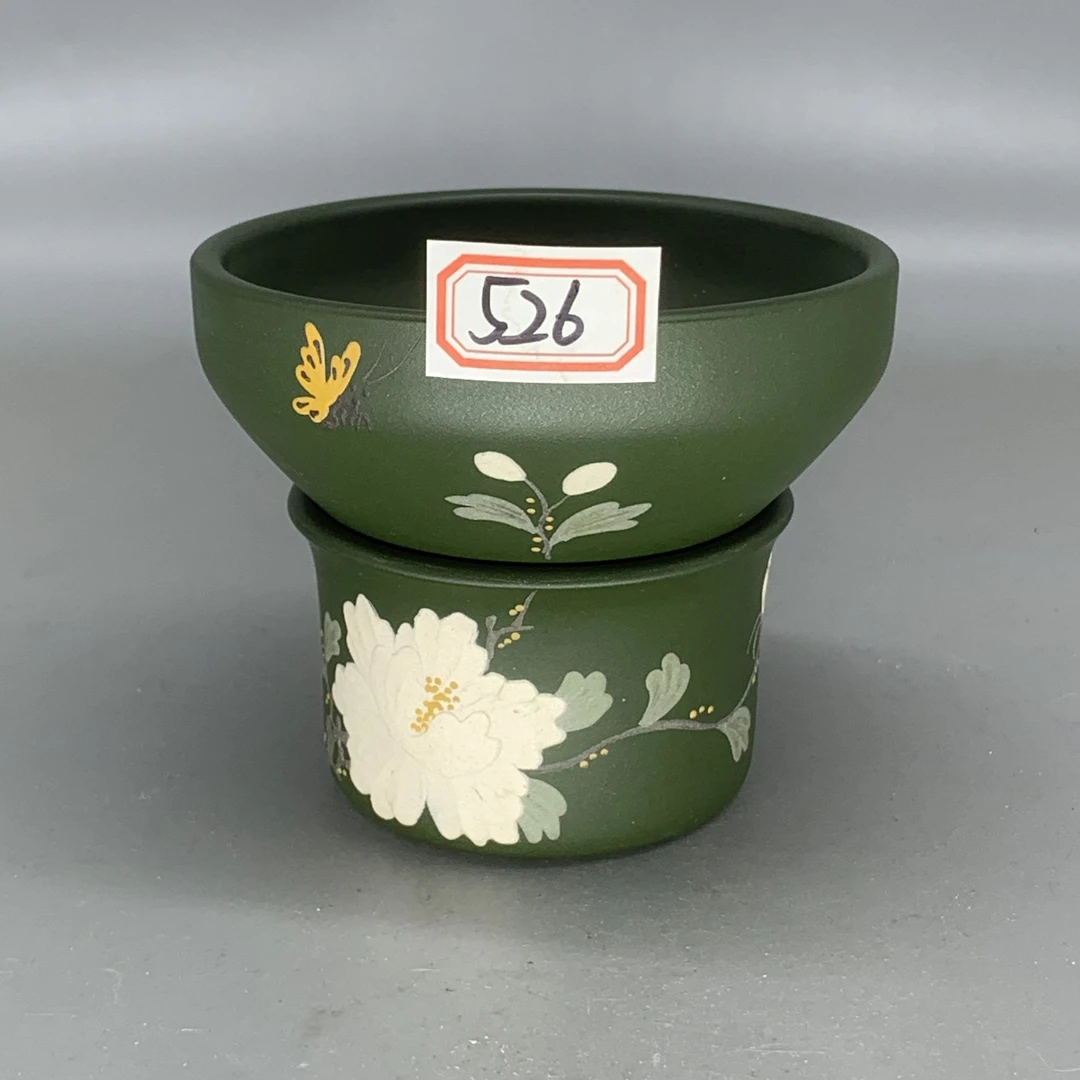526  宜兴紫砂茶具 绿泥堆绘白牡丹茶漏  NX   6.5*8cm