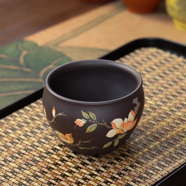 5077宜兴紫砂茶具紫罗兰堆绘小鸟玉兰花大容量主人杯200ML左右YST