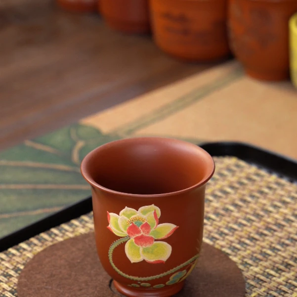 7149宜兴紫砂茶具大红袍堆绘荷花纯手工大容量主人杯130ML左右FSY