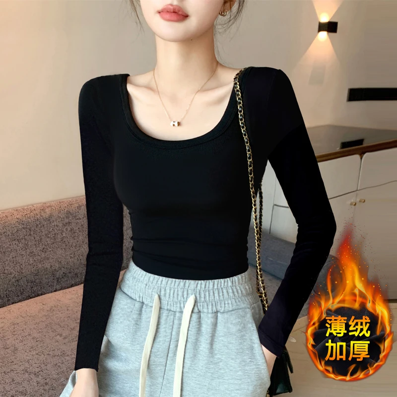 JS法式U领双面德绒打底衫秋冬加厚长袖内搭磨毛保暖洋气女上衣A6