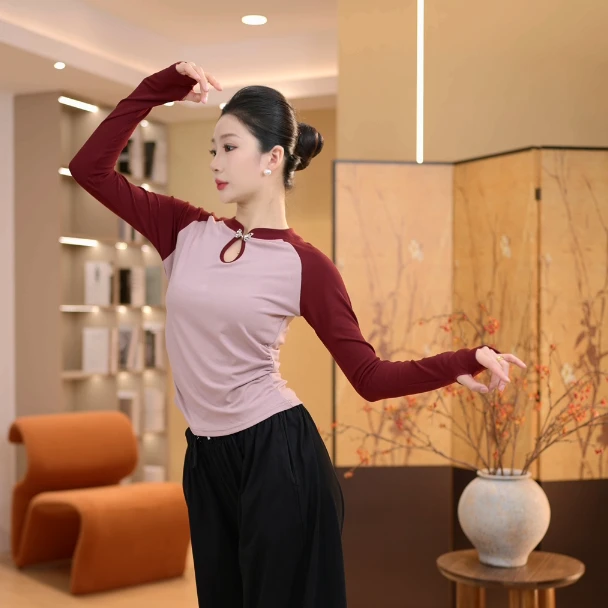 3422 舞蹈服秋冬款成人女闪蝶对扣撞色插肩新款显瘦形体长袖上衣