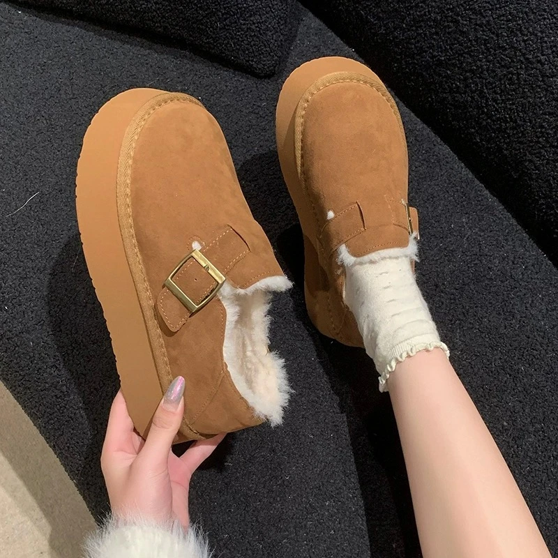 厚底勃肯鞋女加绒加厚雪地靴皮毛一体2023新款冬季女鞋乐福鞋棉鞋